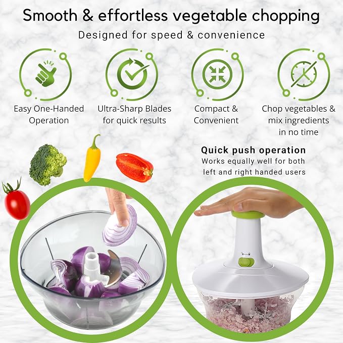 Brieftons Express Manual Food Chopper, 6.8-Cup Hand Pump Vegetable Chopper to Chop Veggies Onion Garlic Herbs, Tear-Free Onion Chopper & Salsa Maker for Camping RV Home, 3-Leaf Stainless Steel Blade