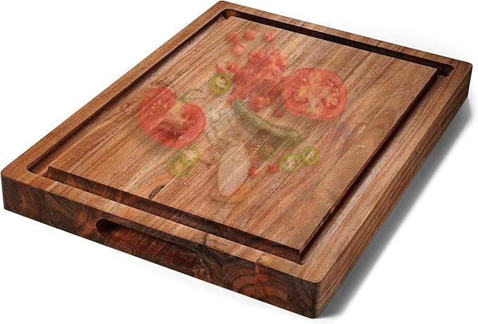 XL Acacia Wood Cutting Board (20x15x1.5in) and Wooden Butcher Block, Chopping Board-Reversible Multipurpose For Meat, Cheese Board, Vegetables, Bread with Juice Groove, Cracker Holder & Inner Handles