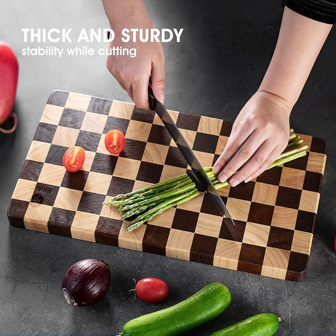 Wood Cutting Board Butcher Block, Wooden Chopping Board with Checkerboard Pattern and Inner Side Handles Meat Cheese Charcuterie Board, Ideal for Chopping, Slicing, and Dicing 15 * 8 inch