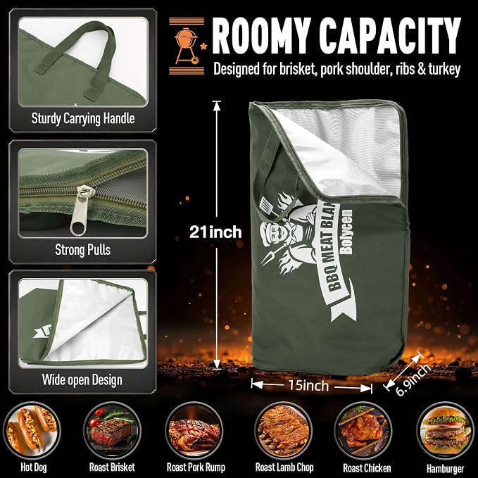 Upgraded BBQ Blanket for Resting Meat -Smoker Accessories Insulated Meat Resting Bag with Wide Mouth for Brisket/Steak/Pork Shoulder/Turkey - BBQ Accessories Grilling Gifts for Men (Green, 21inch)