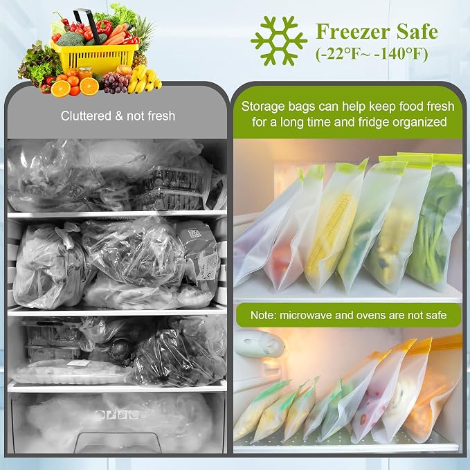 8 Pack Silicone Bags Reusable Storage Silicone Bags-3 Reusable Gallon Freezer 3 Sandwich 2 Snack Bags, Leakproof Food Storage Containers for Home Work