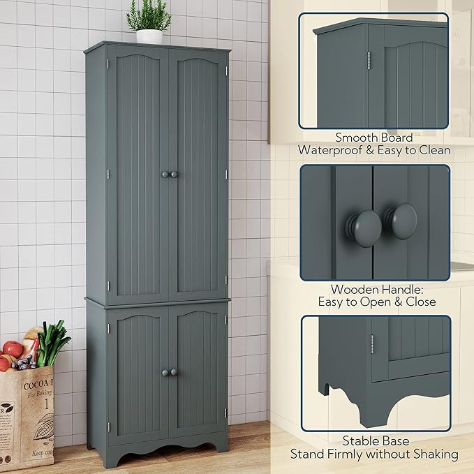 Yusong 72'' Tall Kitchen Pantry Cabinet, Freestanding Storage Cabinet with Doors and Shelves, Wooden Food Pantry Farmhouse Cupboard Buffet for Kitchen Dining Living Room, Gray