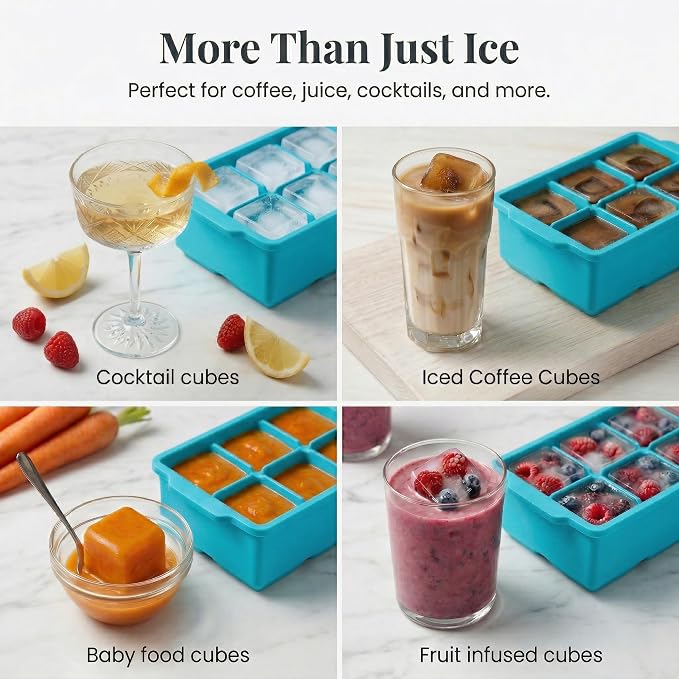 KitchFort® Large Silicone Ice Cube Tray (2-Pack) - 2" Big Ice Mold with Lid | Easy Release, Cocktail, Whiskey Ice Cubes Mold - Food Grade - Ice Cube Trays for Freezer - Stackable Silicone Ice Tray