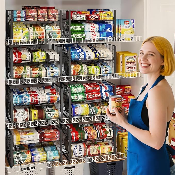 JKsmart 2-Tier Stackable Rack Organizer for Pantry, Adjustable Dispenser Holds Up to 120 Cans, Storage Holder for Various Ounces of Canned Drinks, Black, 4 Pack