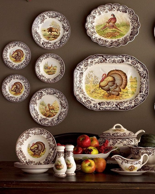 Spode Woodland Turkey Luncheon Plate - 9" Fine Earthenware Dish with British Flowers Border, Rustic Thanksgiving Design - Dishwasher, Microwave, Oven & Freezer Safe - Made in England