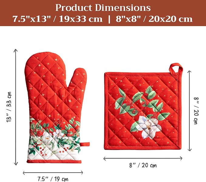 Maison d' Hermine 100% Cotton Oven Mitt & Pot Holder Set (7.5"x13" & 8"x8") | Heat Resistant BBQ Cooking Gloves with Loop Baking Grilling Kitchen Hotel Home Farmhouse Thanksgiving Christmas - Noel
