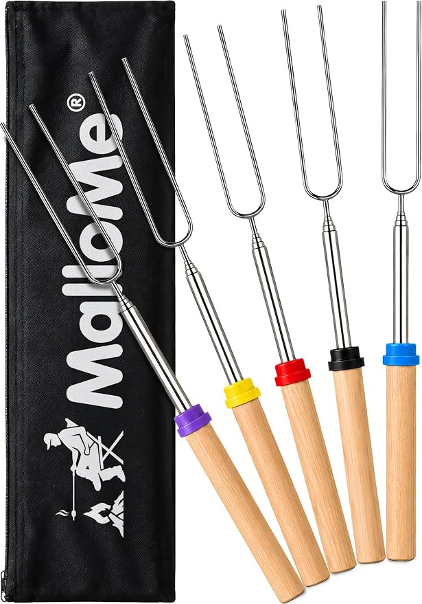 MalloMe Smores Sticks for Fire Pit Long - Marshmallow Roasting Sticks Smores Kit - Smore Skewers Hot Dog Fork Campfire Cooking Equipment, Camping Essentials S'mores Gear Outdoor Accessories 32" 5 Pack