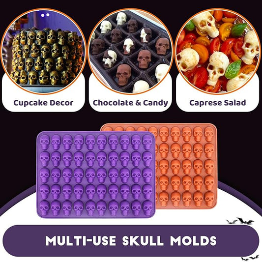 Mini Skull Molds Silicone Halloween for Candy Gummy Chocolate, 200 Cavity 4 pcs Small Head Shapes Freezing Tray Party Wax Melts DIY Moulds BPA Free Treat or Trick Kids Oven Safe
