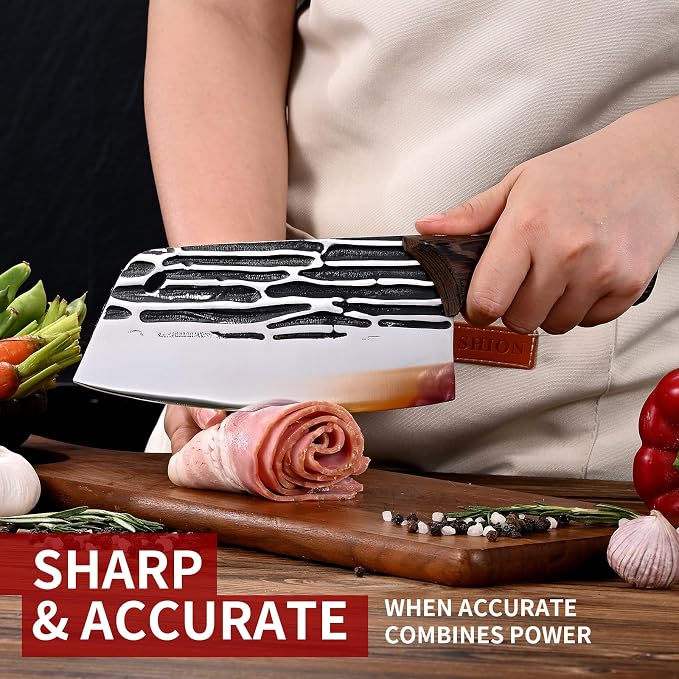 SHI BA ZI ZUO Forged Meat Cleaver Heavy Duty Kitchen Knife Chopping Knife for Vegetable and Meat Cutting,with Non-Slip Wooden Handle