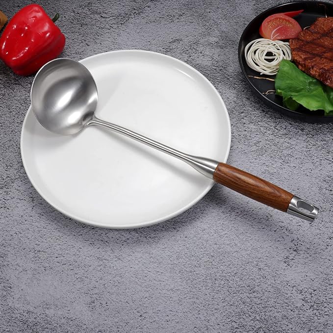 AOOSY Soup Ladle,304 Stainless Steel Cooking Ladle Spoon with Wooden Handle | 13.8 In Long Wood Handle Soup Spoon,Kitchen Utensil Wok Tool for Cooking, Gravy, Sauces