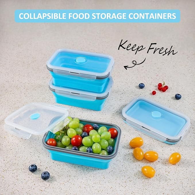 Collapsible Food Storage Containers with Airtight Lid & Vent Valve, 27 oz, Annaklin Kitchen Stacking Silicone Collapsible Meal Prep Container Set for Leftover, Microwave Freezer Safe, Blue, Set of 4