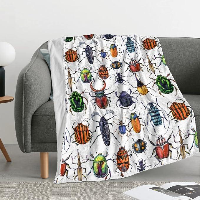 Colorful Beetle Insect Print Blanket 60"x80" - Ultra Soft Flannel Fleece Throw for Adults & Kids, Bug Lover Gift, Cozy Lightweight Blankets for Couples & Children, All-Season for Bed/Couch/Camping