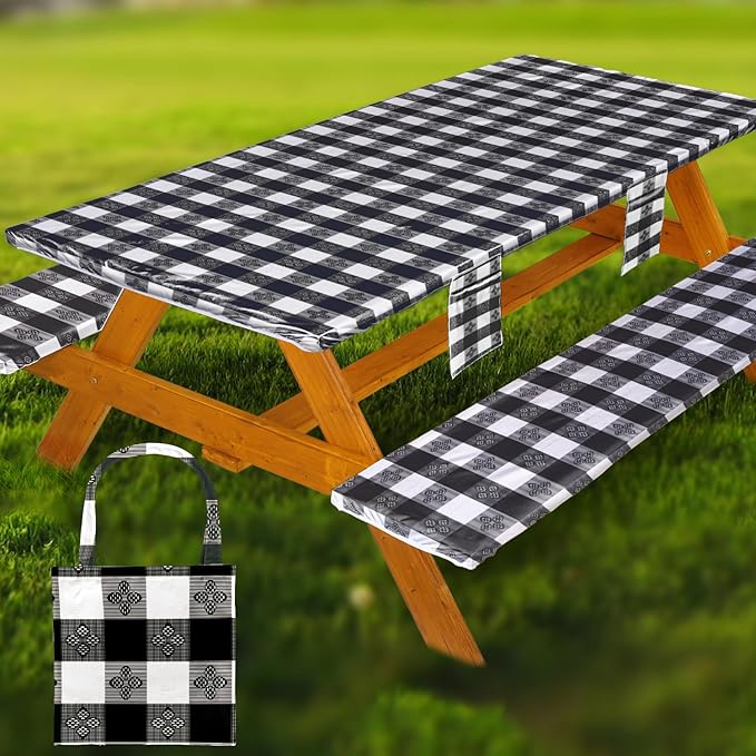 Fitted Picnic Table Cover with Bench Covers Waterproof Elastic Edges Rectangle Patio Tablecloth Outdoor Camping Essentials Stuff Rv Accessories Summer Trip Travel Supplies Party Camper Gifts, 6 ft