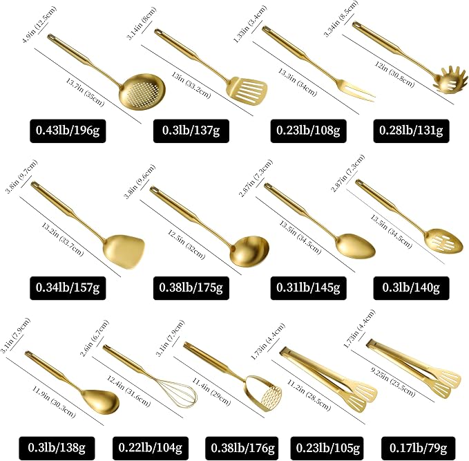 Gold Kitchen Cooking Utensils Set 13 PCS Stainless Steel 12-13.7" | Food-grade 304, Dishwasher Safe,Rust-proof, Made To Last,Easy To Store,Good Choice for Presents