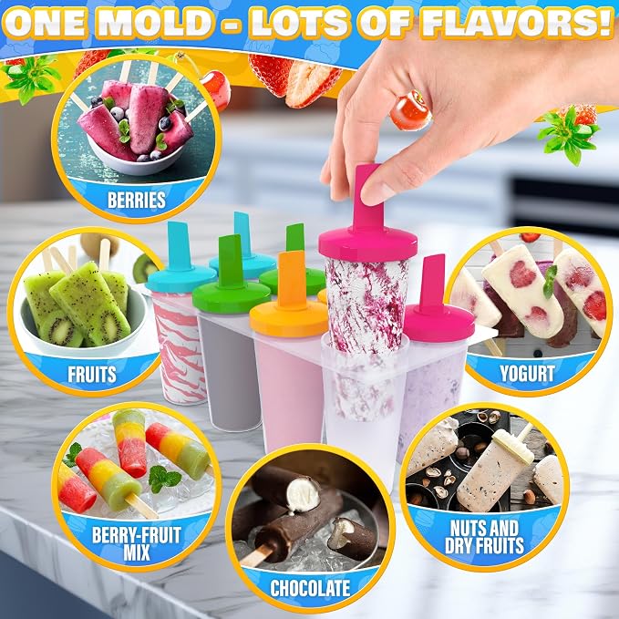 8 Pcs Popsicles Molds Round Set - Reusable Popsicle Molds With Sticks, Multi-Servings & Dishwasher-Safe Popsicle Makers for the Freezer - Ice Pop Mold for Berries, Fruits, Yogurt, Juice & Ice Cream