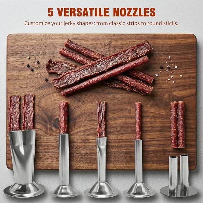 Hoypeyfiy Stainless Steel Jerky Gun Sausage Maker Sausage Stuffer Handmade Beef Jerky Gun with 5 Stainless Nozzles Meat Pusher Cleaning Brushes Kit (2.5LB)