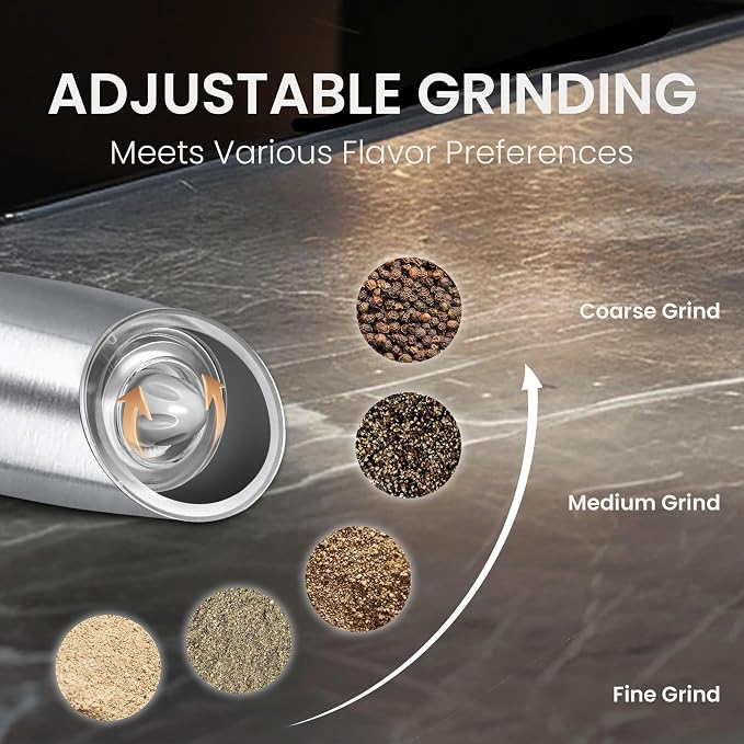 Rechargeable Salt And Pepper Grinder Set with LED Light, Automatic Electric Gravity Salt And Pepper Shakers Set, No Battery Needed, Adjustable Roughness, 2 Pack (Silver)