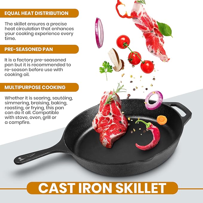 Utopia Kitchen Cast Iron Skillet 10 Inch with Lid Chefs Frying Pan Black | Chefs Pan, Pre Seasoned Skiller, Indoor and Outdoor Use, Grill Safe Cookware, Even Heat Distribution, Durable