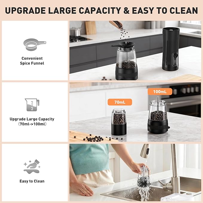 Electric Salt and Pepper Grinder Set, Upgrade 2-Speed Setting, External 5 Adjustable Coarseness, Rechargeable Automatic Salt & Pepper Shakers Mill with Battery Display, Storage Base & Led Light, Black