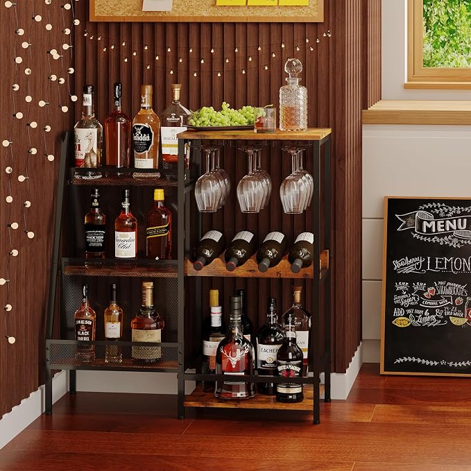Versatile Liquor Stand for Home Bar, Wine Rack Freestanding Floor, Mini Bar Table for Liquor Whiskey Wine, 3-Tier Trapezoidal Liquor Bottle Display Shelf with Glass Holder and Fences(Patent Pending) | 3-Tier Display, 3 Glass Holder Rows, 4-Bottle Rack:...
