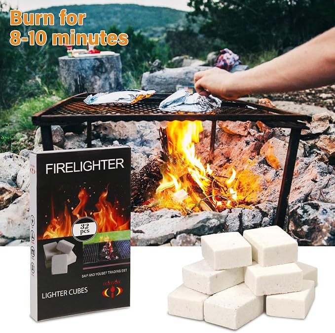 HGD White Fire Starters for Campfires, Waterproof, Charcoal Firestarter | Quick-Light Ignition 32 Cubes for Camping, BBQ, Fireplaces & Chimneys, Wind-Resistant, Long-Lasting, Safe for Family & Pets
