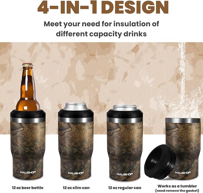 HAUSHOF 4-in-1 Insulated Can Cooler for 12oz Cans & Beer Bottle, Camo Green | Double-Wall Vacuum Insulated, 18/8 Stainless Steel, BPA-Free Lid, Slim Can Cooler for Camping, Beach & Picnic