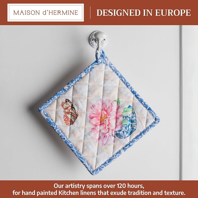 Maison d' Hermine Pot Holders 100% Cotton Potholders (8" x 8", Pack of 1) | Heat Resistant Hot Pads with Loop BBQ Cooking Baking Farmhouse Kitchen Handling Hot Pans Spring Summer - Canton
