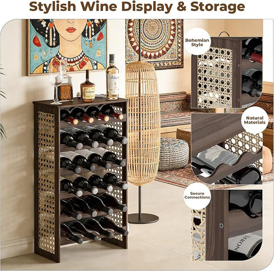 24 Bottle Wine Rack Freestanding Floor, Wine Bottle Holder, Boho Pine Wood & Rattan Mesh Wave Design, for Kitchen Bar Cellar Storage, 16.5" x 9.1" x 29.5"