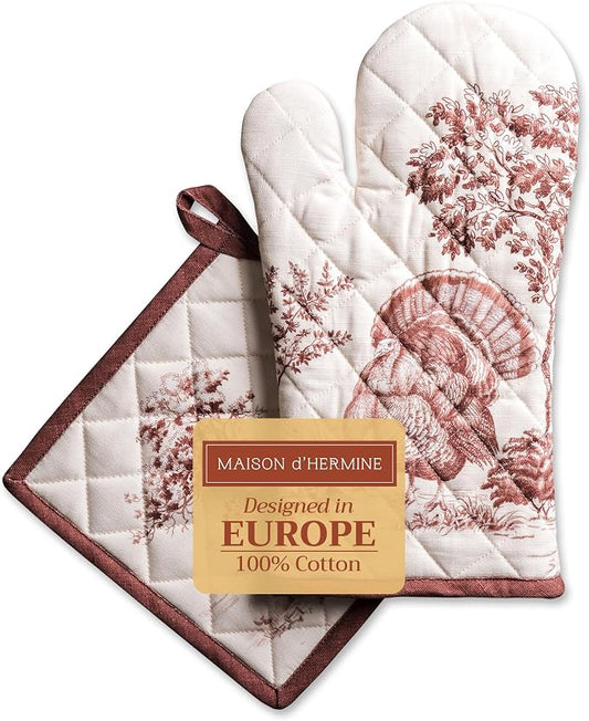 Maison d' Hermine 100% Cotton Oven Mitt & Pot Holder Set (7.5"x13" & 8"x8") | Heat Resistant BBQ Cooking Gloves with Loop Baking Kitchen Hotel Home Farmhouse Thanksgiving Christmas - Holy Jouy - Brown