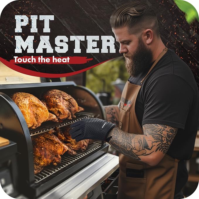 KITCHEN PERFECTION XL Silicone Smoker BBQ Gloves -Heat Resistant Oven Mitts | Waterproof, 5-Finger Design For A Better Grip, for Pitmasters, Meat Smoking, Grilling, Cooking, Frying Turkey | Grill Gift