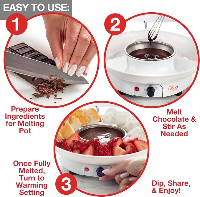 Electric Fondue Maker Set with Tray & 4 Forks for Chocolate and Cheese | 3-in-1 Chocolate Melter, Cheese Fondue Pot & Candy Warmer for Summer Parties, BBQs, Appetizers, Desserts & S’mores Setup