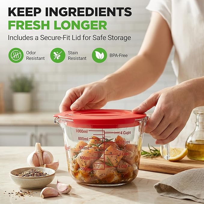 NutriChef 4 Cups Glass Measuring Cup with Lid (34 oz) - Heat-Resistant Borosilicate Liquid Measure Cup with Easy-Read Scale for Cooking, Baking and Food Storage, Dishwasher and Freezer Safe