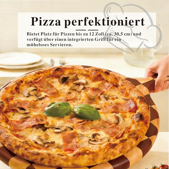Checkered Pizza Cutting Board with Handle | 17" x 13" x 1" Thick | Acacia & Rubber Wood | Cheese & Charcuterie Serving Board | Bread, Meat & Pizza