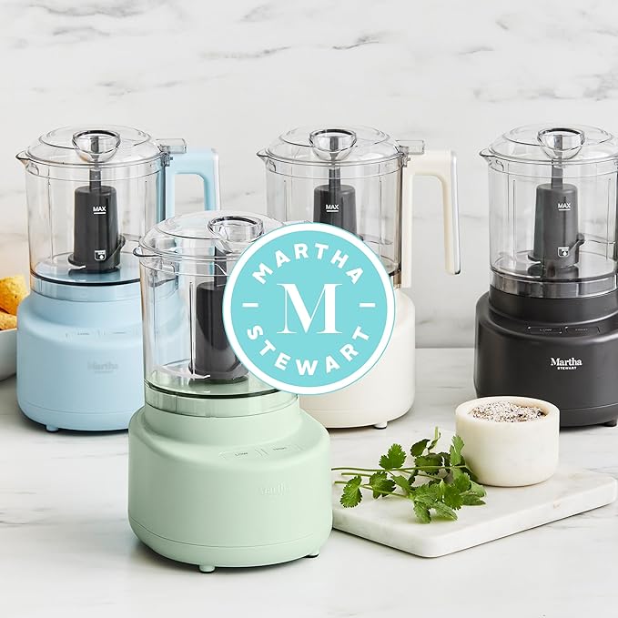 Martha Stewart 3 Cup Electric Vegetable Chopper, Mini Food Processor, Linen | 24oz BPA-Free Bowl, Stainless Steel Blades, Pour Spout, Dice, Puree, Mince, Chop Vegetables & Herbs, Dishwasher-Safe Parts