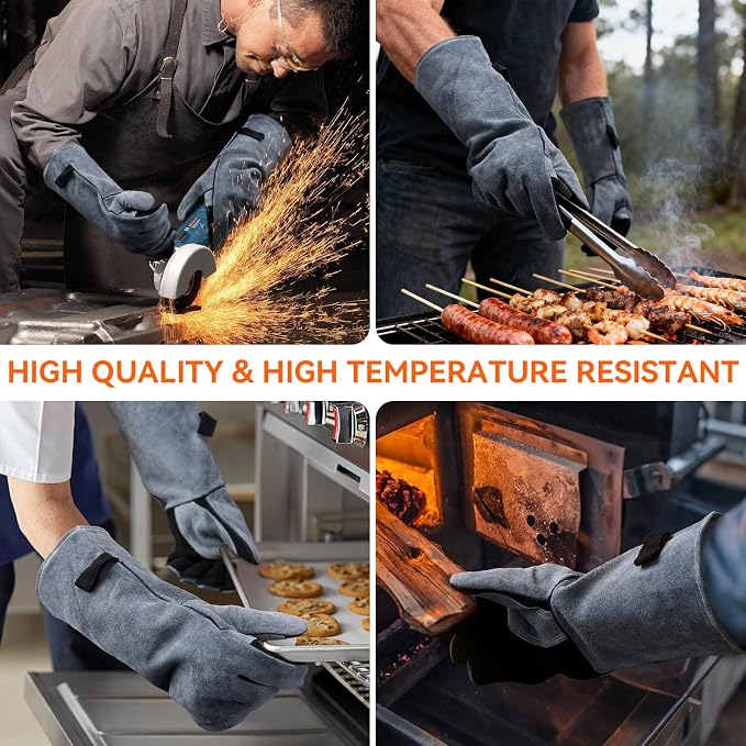 OZERO 16-Inch Welding Gloves: 932°F Heat Resistant Gloves, Black-Gray | 1.2 mm Split Cowhide, Reinforced Palm, Long Cuff, for MIG TIG Stick Forge BBQ Grill Fireplace Fire Pit Wood Stove Oven