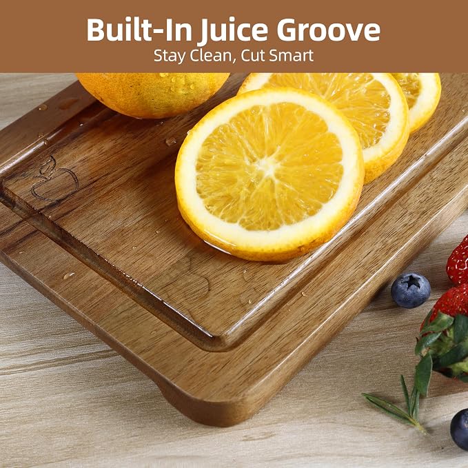 Labeled Cutting Board Set of 4, Wood Chopping Boards with Food Icons | Charcuterie Board Serving Tray with Juice Groove & Handles, Ideal for Meat, Vegetables, Fruits, Cheese