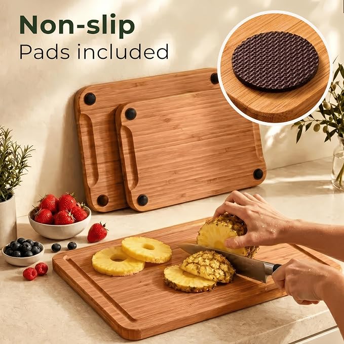 Wooden Cutting Board Set of 3 – Bamboo Wood Cutting Boards for Kitchen | with Deep Juice Grooves & Built-In Handles – Large, Non-Toxic, Easy to Clean Chopping Boards for Meat, Vegetables & Fruits