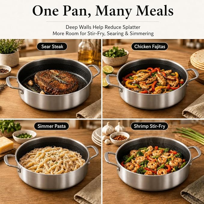 DELARLO Tri-Ply Stainless Steel 7QT Saute Pan 12 Inch Deep Frying Pan with lid Nonstick, Induction Compatible Chef Cooking Pan