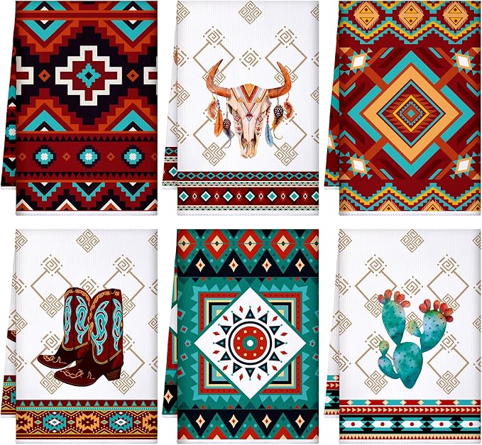 Boyiee Set of 6 Southwestern Kitchen Towels Boho Aztec Theme Dishcloth | Native American Hand Tea Towels 24 x 16 Inches for Absorbent Kitchen Decor with Hanging Loop for Room Home Housewarming Gift