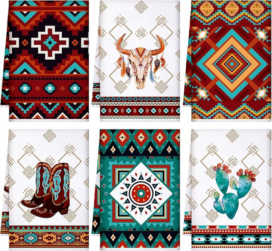 Boyiee Set of 6 Southwestern Kitchen Towels Boho Aztec Theme Dishcloth | Native American Hand Tea Towels 24 x 16 Inches for Absorbent Kitchen Decor with Hanging Loop for Room Home Housewarming Gift