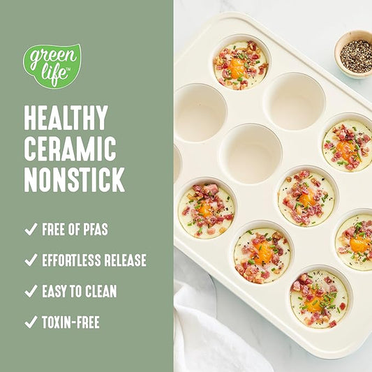 GreenLife 12-Cup Muffin Pan, Healthy Ceramic Nonstick Bakeware, PFOA & PFAS-Free Cupcake Tray, Durable Baking Pan, Versatile Kitchen Essential, Easy Clean Muffin Mold, Nonstick Baking Sheet, Sage