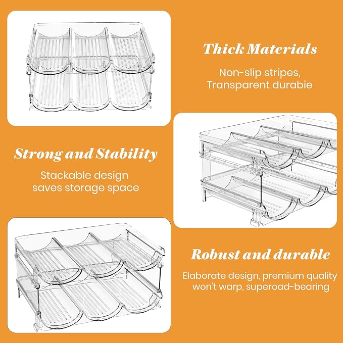 Plastic Stackable Wine Rack for Refrigerator, 2 Tier Large Capacity Water Bottle Organizer for Cabinet, Free-Standing Water Bottle Storage Rack for Fridge, Countertop, Pantry, Freezer, Hold 6 Bottles