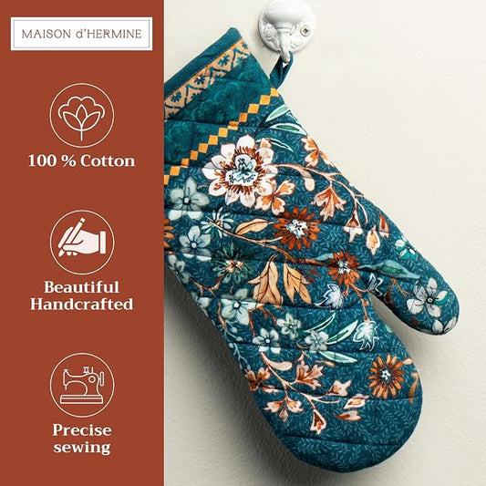 Maison d'Hermine Oven Gloves 100% Cotton Oven Mitt (7" x 13", Pack of 1) | With Loop Heat Resistant BBQ Cooking Gloves Baking Kitchen Handling Hot Pans Thanksgiving Christmas - Luxury Loft - Dark Teal