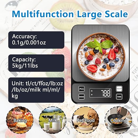 IPX7 Waterproof Food Scale 0.01oz/0.1g Precision Kitchen Scale Precisely Measures Grams and Ounces11lb/10kg Stainless Steel Digital Food Scales for Kitchen Gram Scale for Cooking, Baking