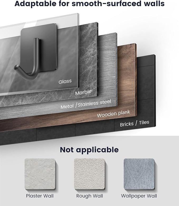 xdgeLoad Adhesive Hooks, Towel Hooks 8 Pack Heavy Duty Adhesive Hooks, Towel Hooks for Bathroom Kitchen Bedroom, Stainless Steel Hook for Hanging - Matte Dark Gray