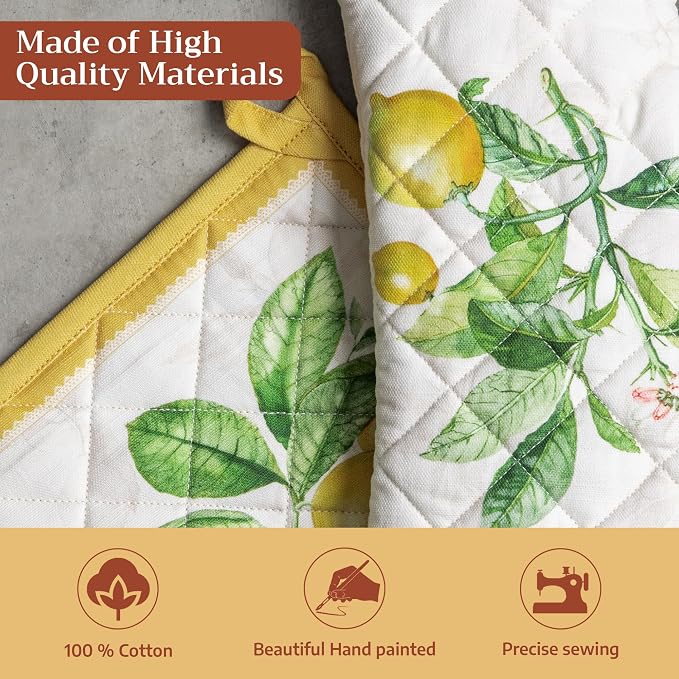 Maison d' Hermine 100% Cotton Oven Mitt & Pot Holder Set (7.5"x13" & 8"x8") | Heat Resistant BBQ Cooking Gloves with Loop Baking Grilling Kitchen Hotel Home Farmhouse Spring Summer - Limoncello