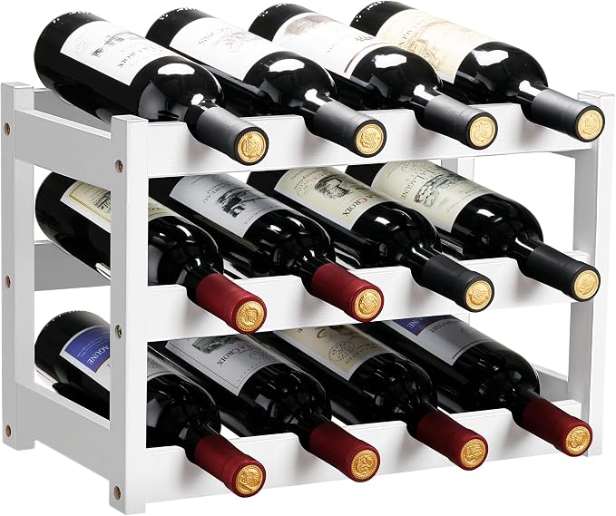 VASMIA Bamboo Wine Rack, Sturdy and Durable Wine Storage Cabinet Shelf, Wine Racks Countertop for Pantry,Kitchen,3-Tier 12 Bottles Wine Rack White