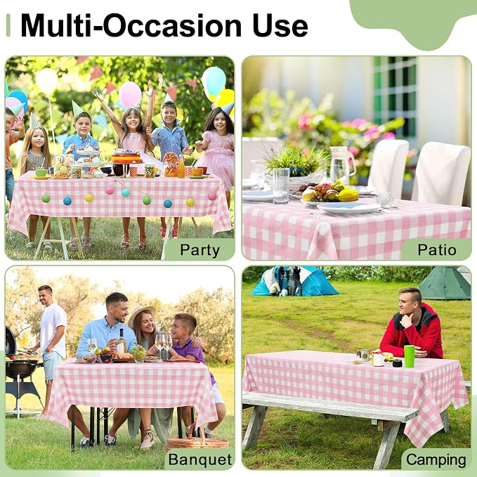 4 Packs Buffalo Disposable Table Cloth, 54 x 108 Inch Waterproof Plastic Tablecloth, Rectangle Pink and White Checkered Table Covers for Picnic, Birthday, Party, Back to School