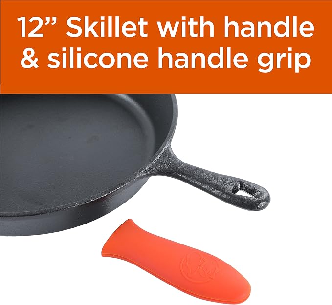 Commercial CHEF 12-Inch Cast Iron Skillet with Silicone Grip Handle, CHFL12 | Pre-Seasoned Cast Iron, Works on All Cooktops Including Induction, Outdoor Skillet for Campfires or Grills