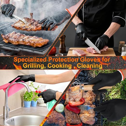 ANBOSON BBQ Gloves Disposable, Heat Resistant Grilling Gloves for Cooking | 6Mil Disposable Nitrile Gloves-100Ct & 4 Cotton Liners for BBQ, Grill, Smoker, Cooking, Food Prep, Catering, Large, Black